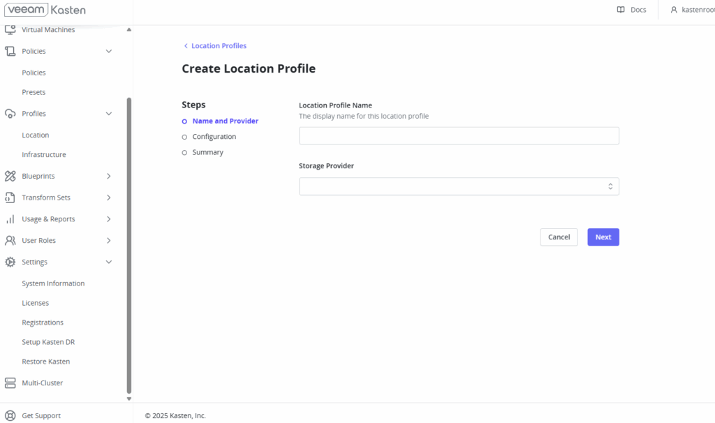 Location Profile creation: name and provider type