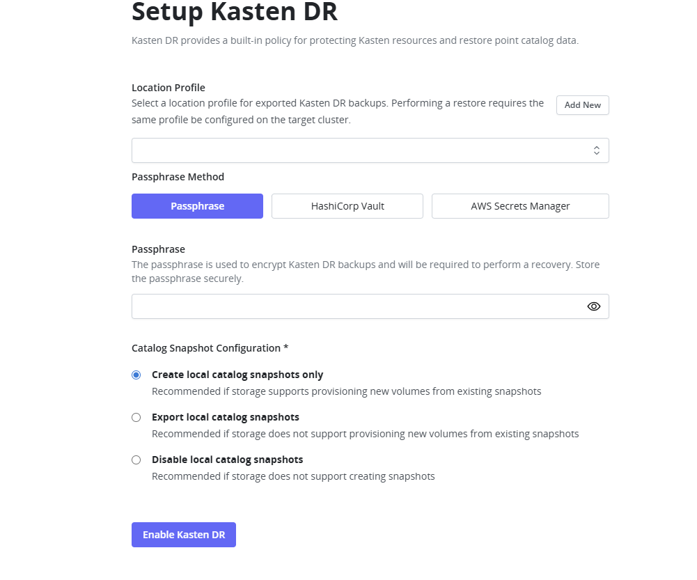 Kasten disaster recovery policy dashboard showing DR configuration options