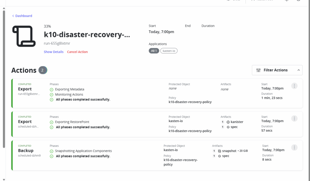k10-disaster-recovery-policy runs every hour by default.
