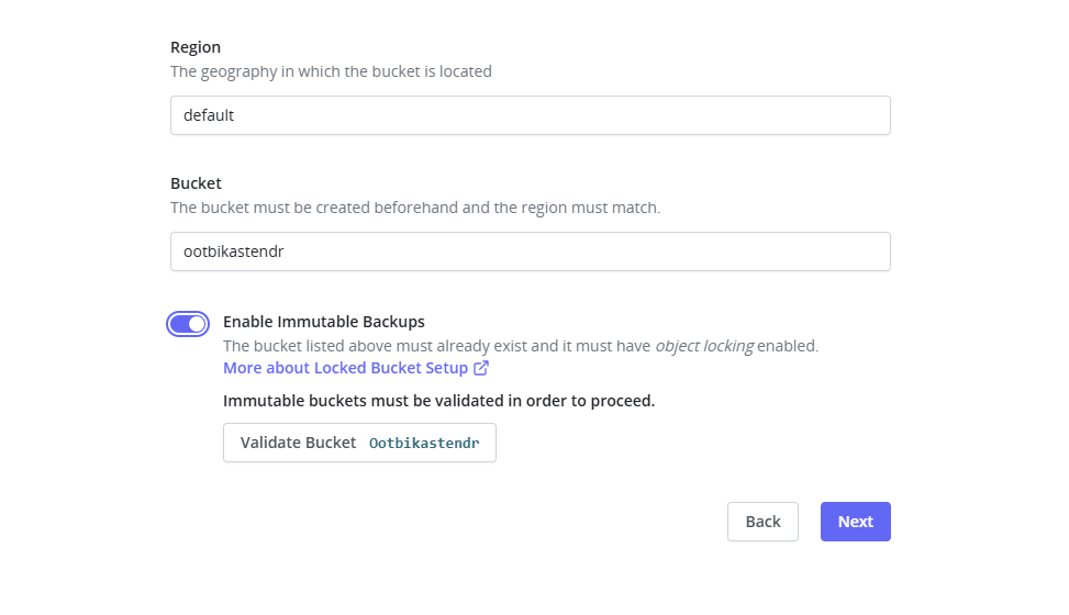 Bucket name and enable immutability