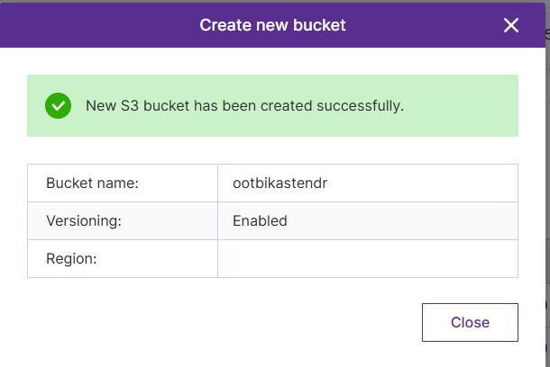 Object First S3 bucket creation confirmation showing successful setup of ootbikastendr bucket with versioning enabled for Kasten disaster recovery